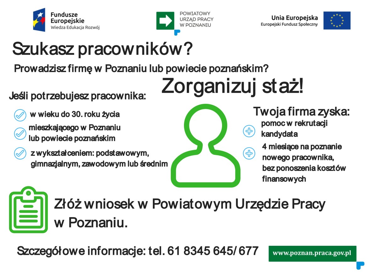PUP w Poznaniu zaprasza pracodawców do organizacji staży dla osób bezrobotnych z niskimi kwalifikacjami.
