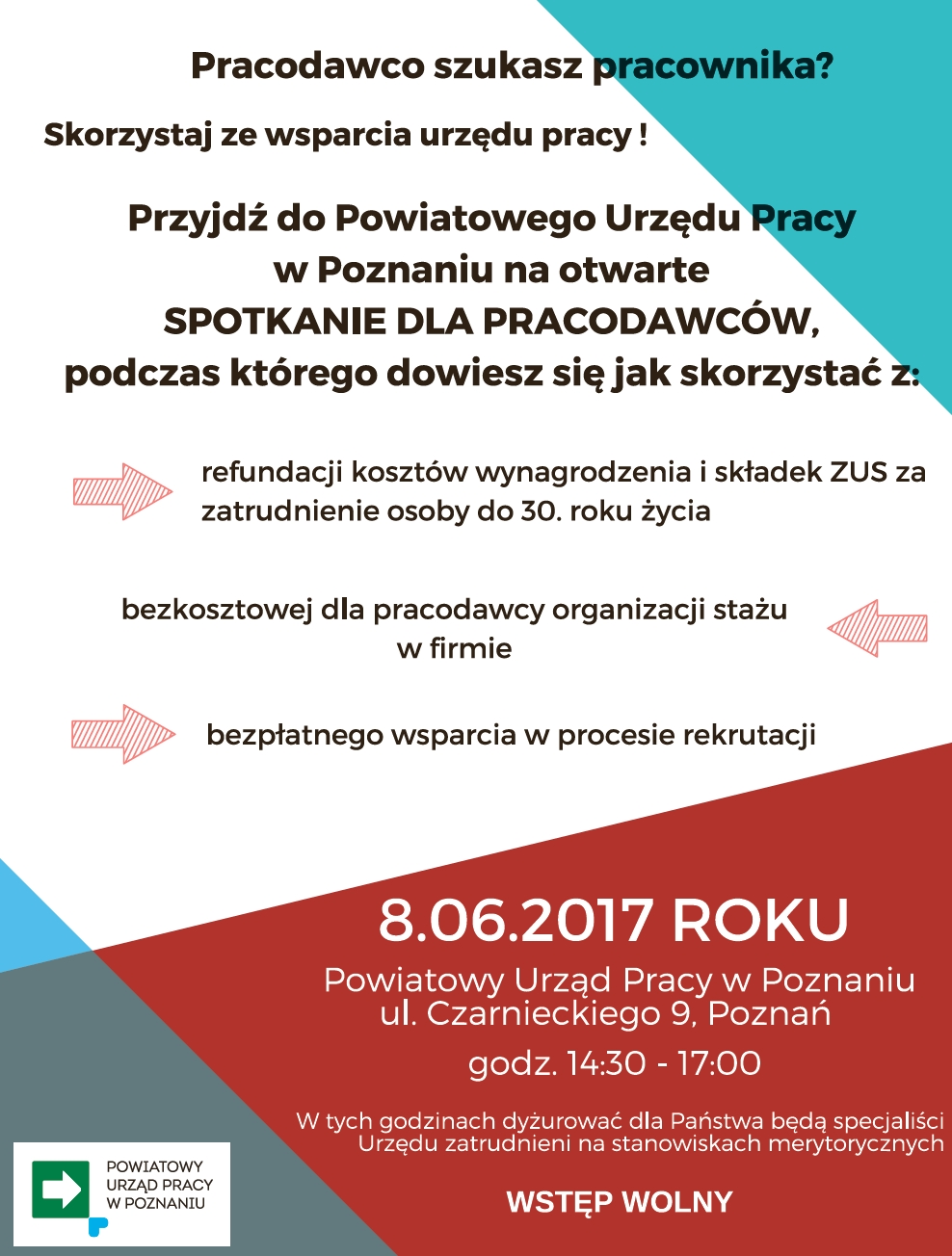 plakat zapraszający pracodawców na spotkanie w PUP w dniu 8.06.2017r.